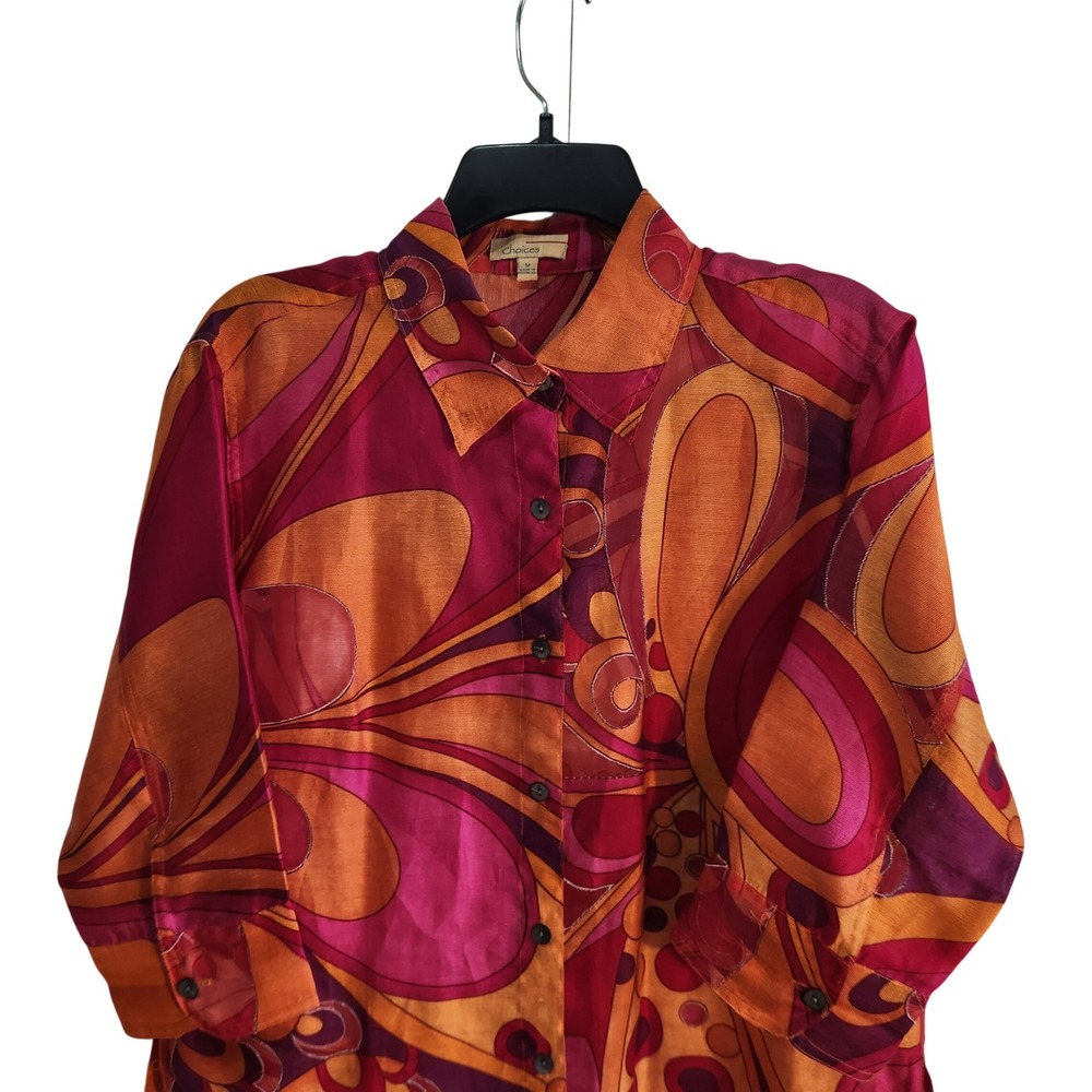 Choices Womens Abstract Psychedelic Retro Palm Royale Blouse Pink Orange Size‎ M
